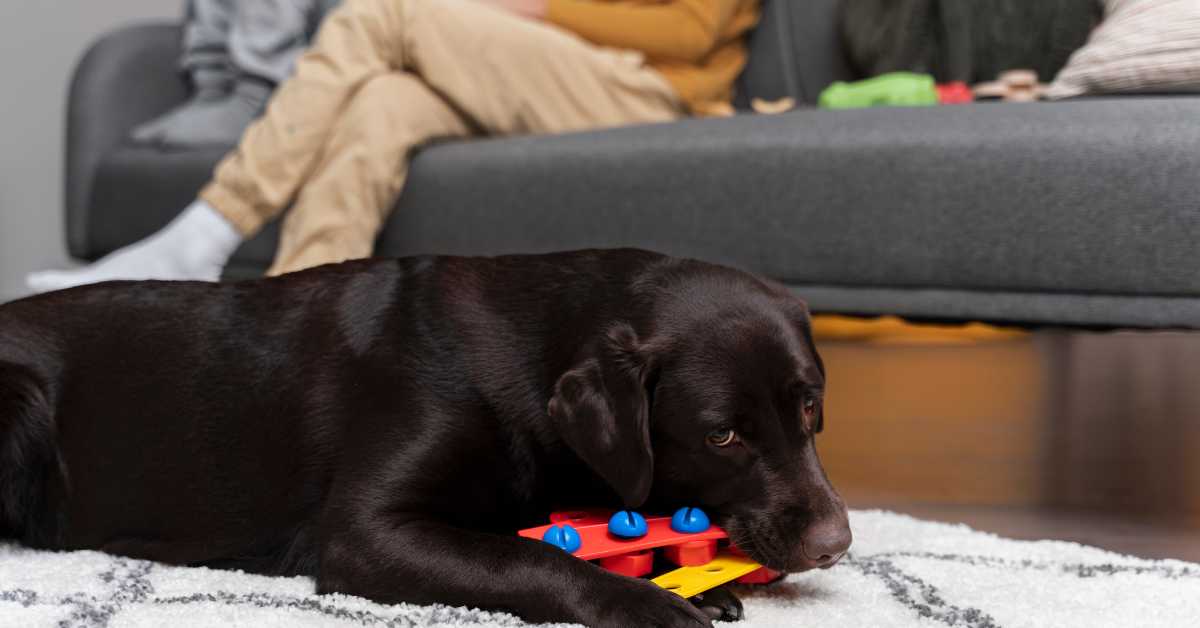 Chocolate Labrador Retriever on a rug with a toy, showing behaviors discussed in the article.