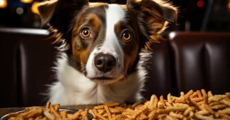 Dog staring at a pile of hot Cheetos on a table, looking curious and concerned.