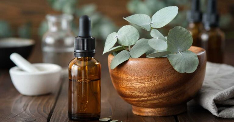 A bottle of eucalyptus oil and eucalyptus leaves in a bowl.