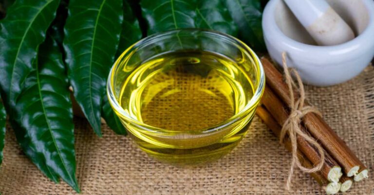 Glass bowl of neem oil with neem leaves and sticks on a burlap surface.